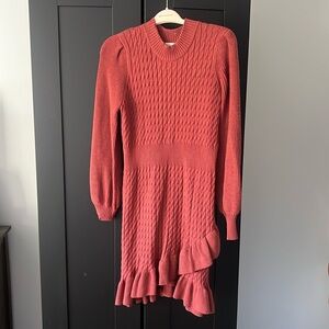 EUC Anthropologie Flat White Burnt Orange Ruffled Sweater Mini Dress - L